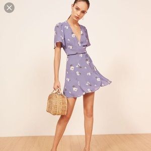 Reformation Adele purple floral wrap mini dress